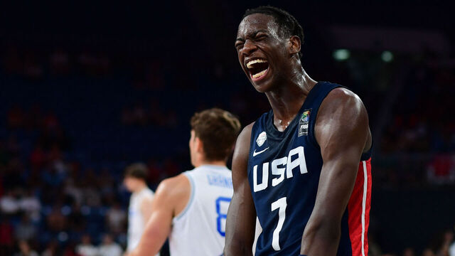 AJ Dybantsa, #7 of the United States of America (USA) in action during the FIBA U17 Basketball World Cup - Turkiye 2024 Final match between Italy and the United States of America (USA) at Sinan Erdem Dome in Istanbul, Turkey on July 7, 2024.