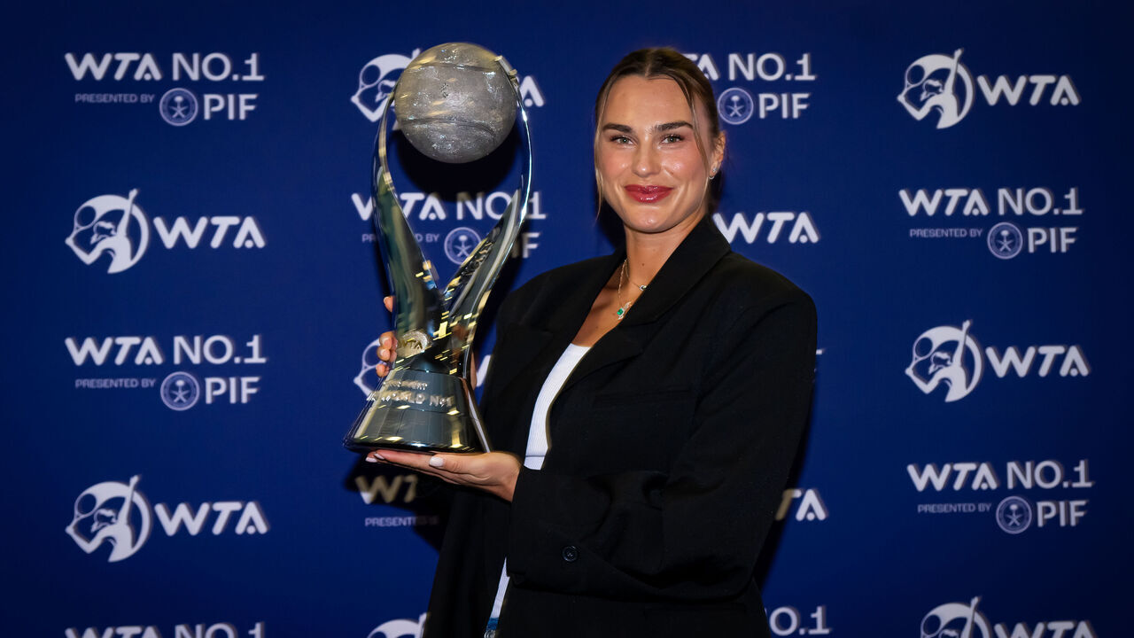 RIYADH, SAUDI ARABIA - NOVEMBER 09: Aryna Sabalenka poses with the Chris Evert World No.1 trophy to commemorate finishing the season on top of the PIF WTA Singles Ranking on Finals Day of WTA Finals Riyadh as part of the Hologic WTA Tour 2024 at King Saud University Indoor Arena on November 09, 2024 in Riyadh, Saudi Arabia