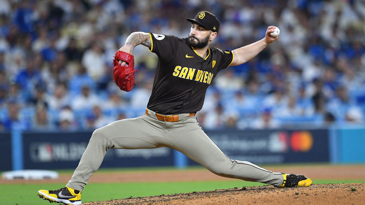 LOS ANGELES, CA - OCTOBER 06: San Diego Padres pitcher Tanner Scott (66) throws a pitch during game two of the National League Division Series game between the San Diego Padres and the Los Angeles Dodgers on October 6, 2024 at Dodger Stadium in Los Angeles, CA.