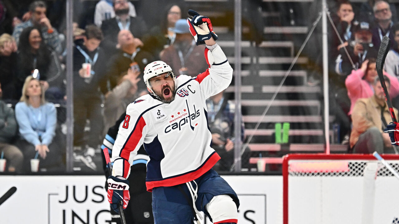 SALT LAKE CITY, UTAH - NOVEMBER 18: Alex Ovechkin #8 of the Washington Capitals celebrates after scoring a goal against the Utah Hockey Club on November 18, 2024 at Delta Center in Salt Lake City, Utah.