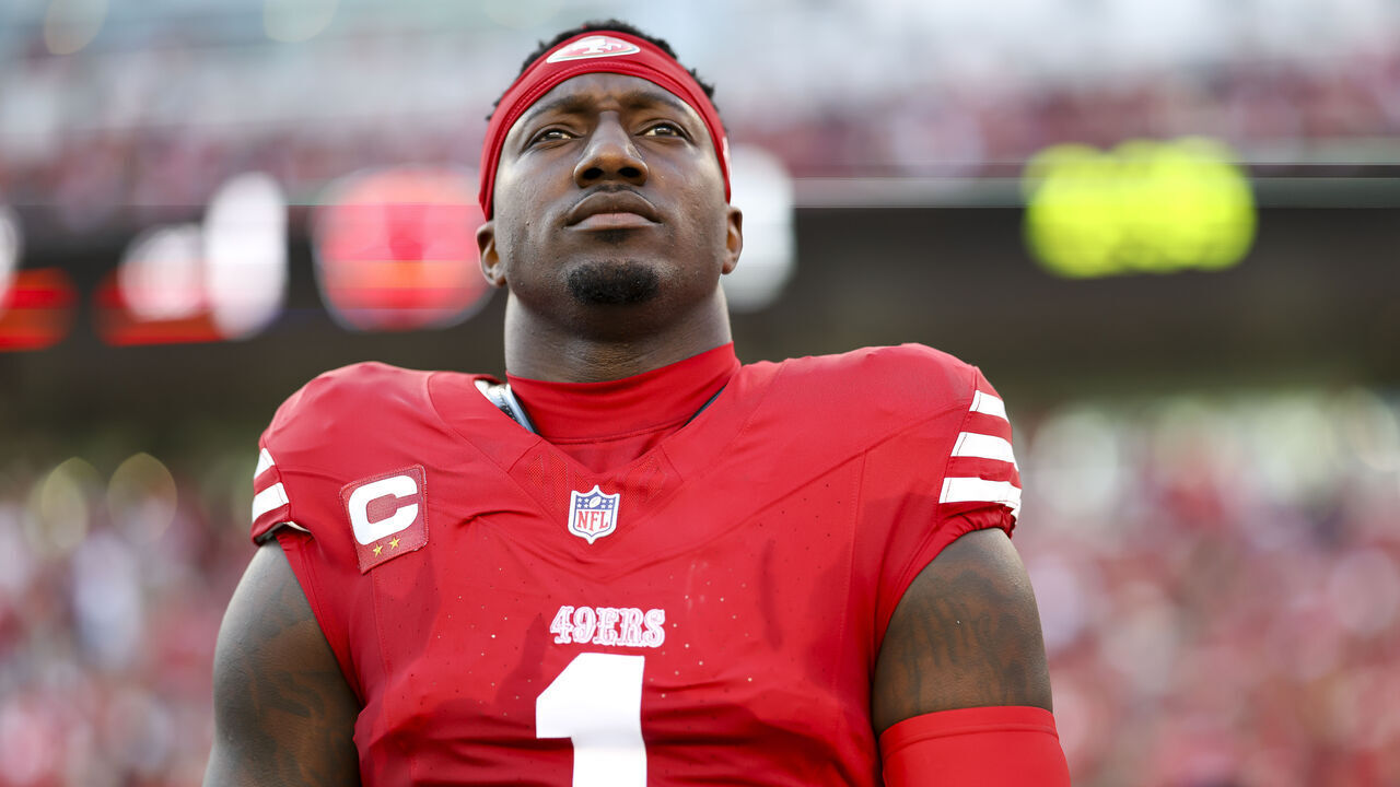 SANTA CLARA, CALIFORNIA - DECEMBER 8: Wide receiver Deebo Samuel Sr. #1 of the San Francisco 49ers stands on the field prior to an NFL football game against the Chicago Bears, at Levi's Stadium on December 8, 2024 in Santa Clara, California.