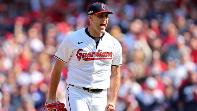 CLEVELAND, OH - OCTOBER 12: Cleveland Guardians starting pitcher Matthew Boyd (16) reacts after striking out Detroit Tigers right fielder Wenceel Perez (46) (not pictured) to end the first inning of the Major League Baseball ALDS Game 5 between the Detroit Tigers and Cleveland Guardians on October 12, 2024, at Progressive Field in Cleveland, OH.