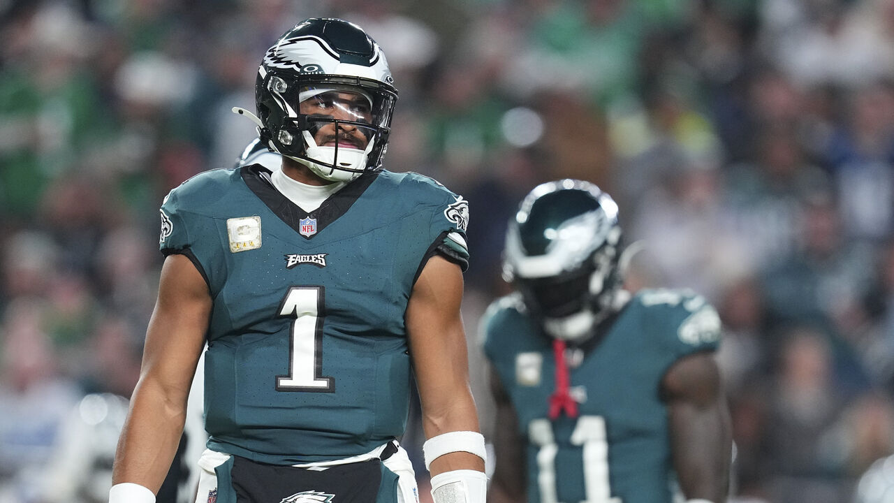PHILADELPHIA, PENNSYLVANIA - NOVEMBER 5: Jalen Hurts #1 and A.J. Brown #11 of the Philadelphia Eagles look on against the Dallas Cowboys at Lincoln Financial Field on November 5, 2023 in Philadelphia, Pennsylvania.