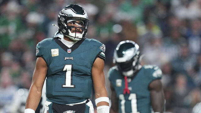 PHILADELPHIA, PENNSYLVANIA - NOVEMBER 5: Jalen Hurts #1 and A.J. Brown #11 of the Philadelphia Eagles look on against the Dallas Cowboys at Lincoln Financial Field on November 5, 2023 in Philadelphia, Pennsylvania.