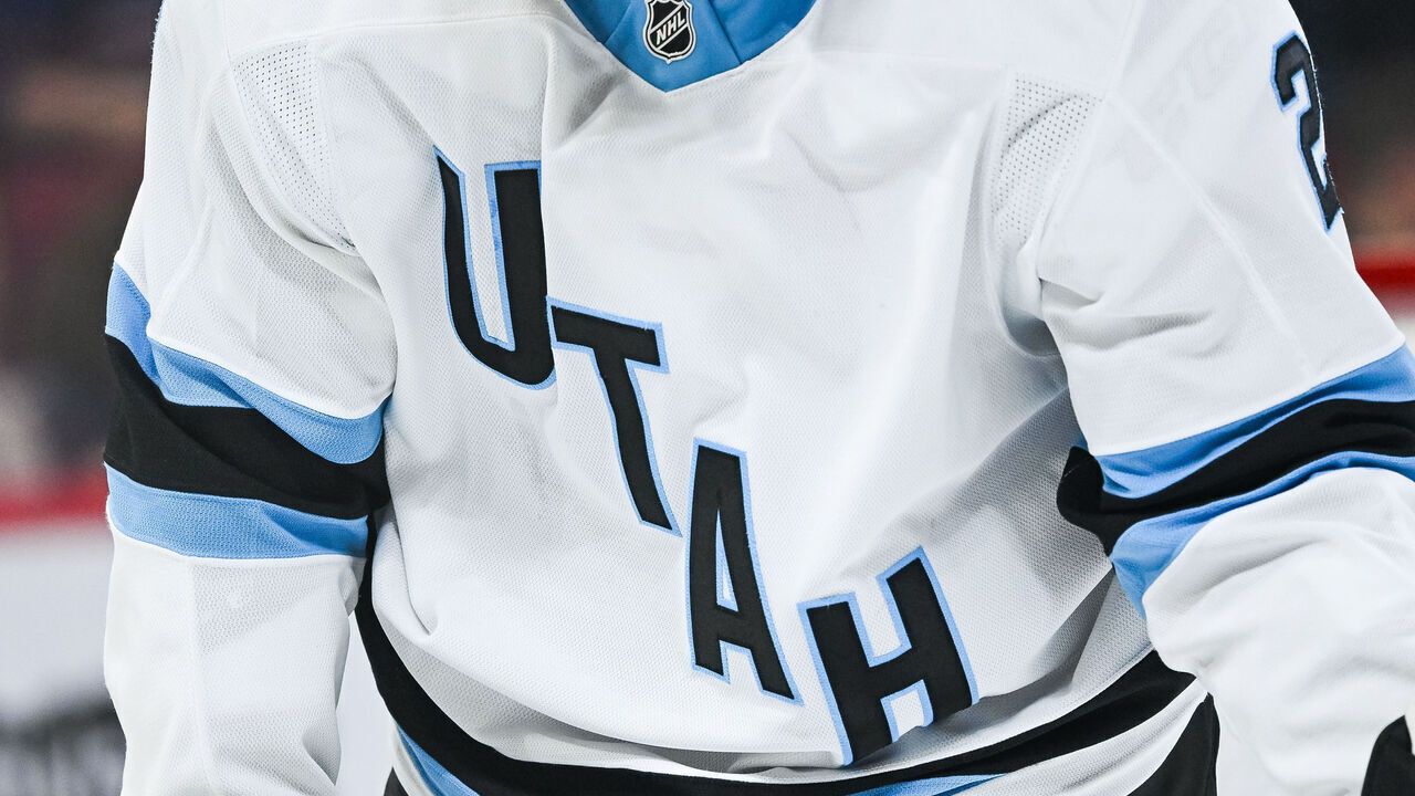 MONTREAL, QC - NOVEMBER 26: View of a Utah Hockey Club logo on a jersey worn by a member of the team during the Utah Hockey Club versus the Montreal Canadiens game on November 26, 2024, at Bell Centre in Montreal, QC