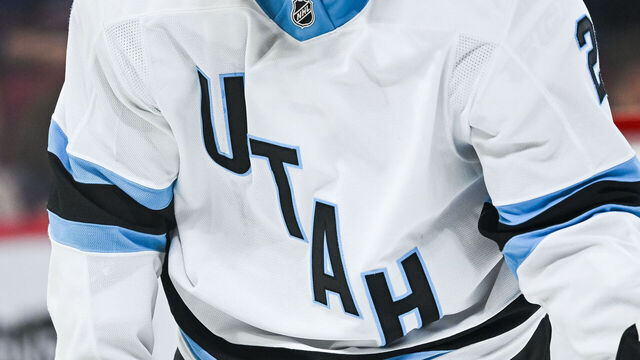 MONTREAL, QC - NOVEMBER 26: View of a Utah Hockey Club logo on a jersey worn by a member of the team during the Utah Hockey Club versus the Montreal Canadiens game on November 26, 2024, at Bell Centre in Montreal, QC