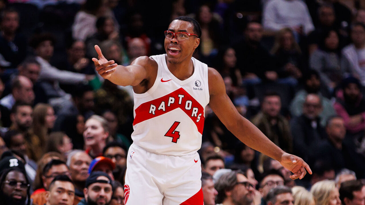 TORONTO, CANADA - DECEMBER 9: Scottie Barnes #4 of the Toronto Raptors reacts during first half of their NBA game against the New York Knicks at Scotiabank Arena on December 9, 2024 in Toronto, Canada.