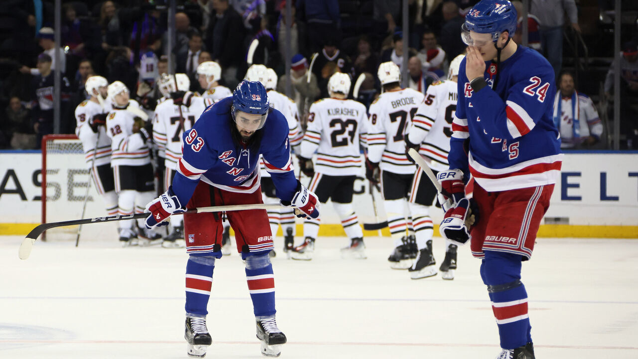 NEW YORK, NEW YORK - DECEMBER 09: Mika Zibanejad #93 of the New York Rangers reacts to a loss to the Chicago Blackhawks enter caption here at Madison Square Garden on December 09, 2024 in New York City. The Blackhawks defeated the Rangers 2-1.