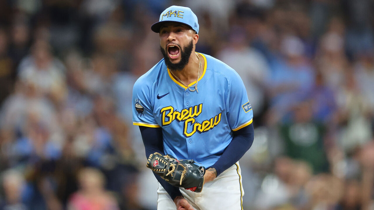 MILWAUKEE, WISCONSIN - SEPTEMBER 22: Devin Williams #38 of the Milwaukee Brewers reacts to the third out of the ninth inning against the Arizona Diamondbacks at American Family Field on September 22, 2024 in Milwaukee, Wisconsin.
