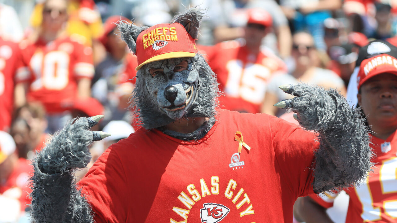 JACKSONVILLE, FLORIDA - SEPTEMBER 08: A Kansas City Chiefs fan dressed as K. C. Wolf attends the game between the Jacksonville Jaguars and the Kansas City Chiefs at TIAA Bank Field on September 08, 2019 in Jacksonville, Florida.