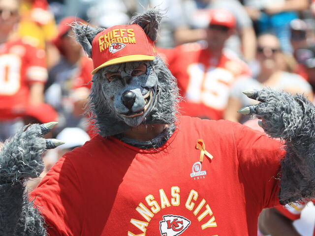 JACKSONVILLE, FLORIDA - SEPTEMBER 08: A Kansas City Chiefs fan dressed as K. C. Wolf attends the game between the Jacksonville Jaguars and the Kansas City Chiefs at TIAA Bank Field on September 08, 2019 in Jacksonville, Florida.