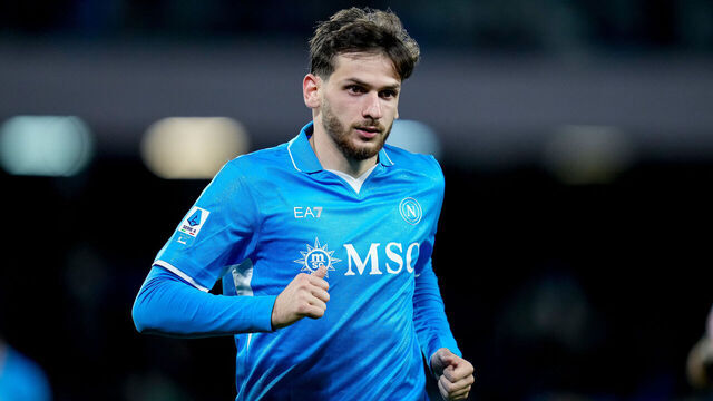 Khvicha Kvaratskhelia of SSC Napoli looks on during the serie Serie A Enilive match between SSC Napoli and SS Lazio at Stadio Diego Armando Maradona on December 08, 2024 in Naples, Italy
