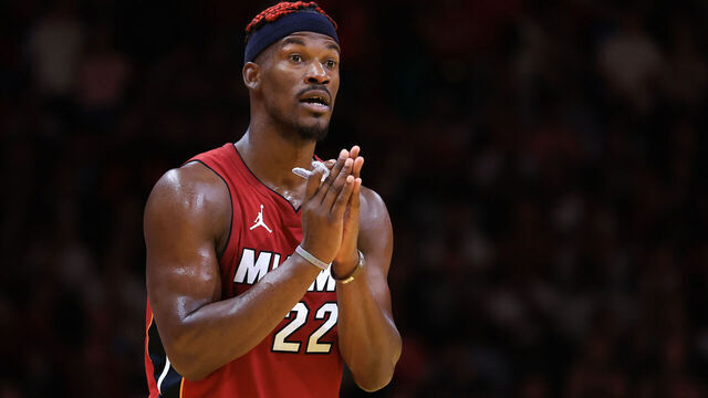MIAMI, FLORIDA - NOVEMBER 26: Jimmy Butler #22 of the Miami Heat reacts against the Milwaukee Bucks during the fourth quarter of the Emirates NBA Cup at Kaseya Center on November 26, 2024 in Miami, Florida.