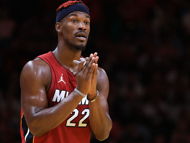 MIAMI, FLORIDA - NOVEMBER 26: Jimmy Butler #22 of the Miami Heat reacts against the Milwaukee Bucks during the fourth quarter of the Emirates NBA Cup at Kaseya Center on November 26, 2024 in Miami, Florida.