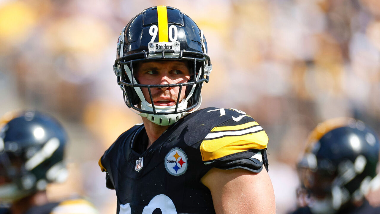 PITTSBURGH, PENNSYLVANIA - SEPTEMBER 22: T.J. Watt #90 of the Pittsburgh Steelers looks towards the sideline during the third quarter against the Los Angeles Chargers at Acrisure Stadium on September 22, 2024 in Pittsburgh, Pennsylvania.