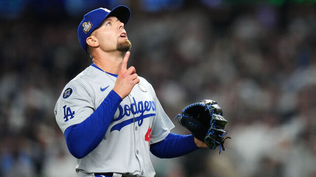 NEW YORK, NY - OCTOBER 30: Blake Treinen #49 of the Los Angeles Dodgers reacts after pitching during Game 5 of the 2024 World Series presented by Capital One between the Los Angeles Dodgers and the New York Yankees at Yankee Stadium on Wednesday, October 30, 2024 in New York, New York.