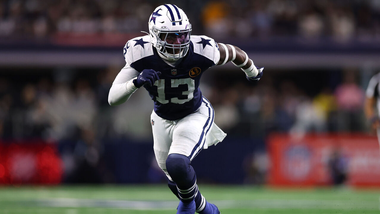 ARLINGTON, TEXAS - NOVEMBER 28: DeMarvion Overshown #13 of the Dallas Cowboys defends during the second half against the New York Giants at AT&T Stadium on November 28, 2024 in Arlington, Texas.