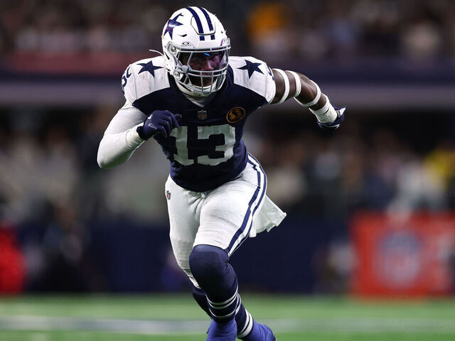 ARLINGTON, TEXAS - NOVEMBER 28: DeMarvion Overshown #13 of the Dallas Cowboys defends during the second half against the New York Giants at AT&T Stadium on November 28, 2024 in Arlington, Texas.