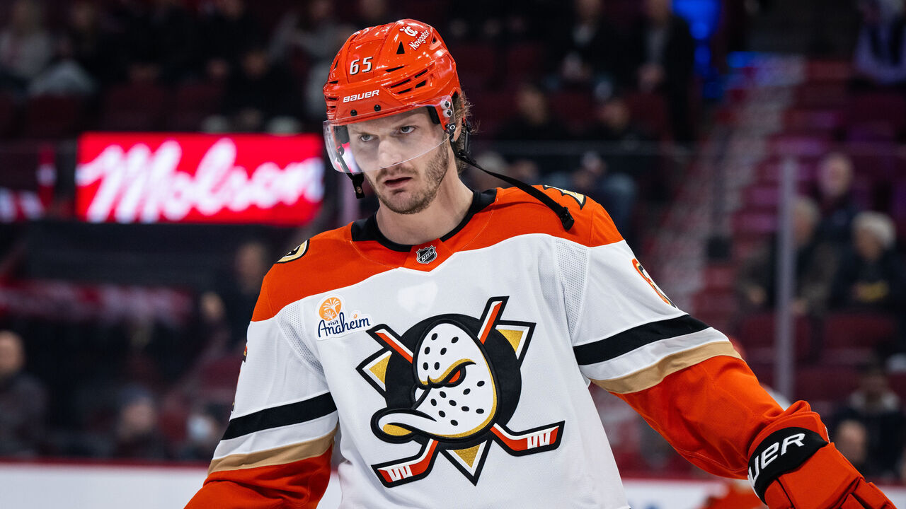 MONTREAL, QC - DECEMBER 09: Jacob Trouba (65) of the Anaheim Ducks looks on during the warmup period of the NHL game between the Anaheim Ducks and the Montreal Canadiens on Dec 09 2024, at the Bell Centre in Montreal, QC