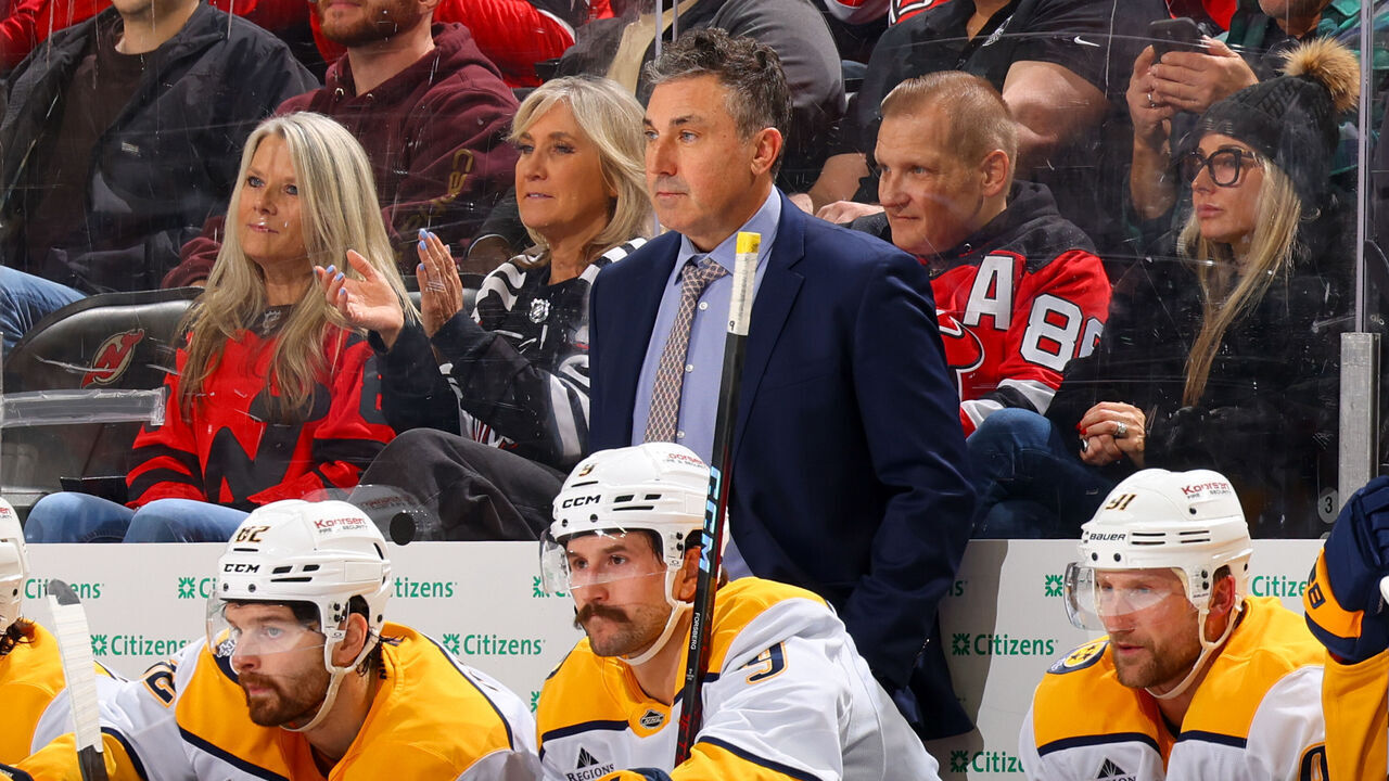 NEWARK, NJ - NOVEMBER 25: Andrew Brunette of the Nashville Predators behind the bench during the game against the New Jersey Devils at the Prudential Center on November 25, 2024 in Newark, New Jersey.
