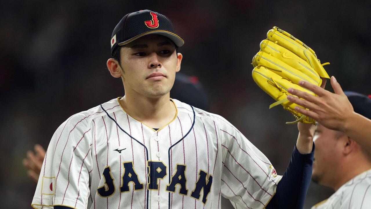 MIAMI, FLORIDA - MARCH 20: Roki Sasaki #14 of Team Japan reacts after an out in the third inning against Team Mexico during the World Baseball Classic Semifinals at loanDepot park on March 20, 2023 in Miami, Florida.
