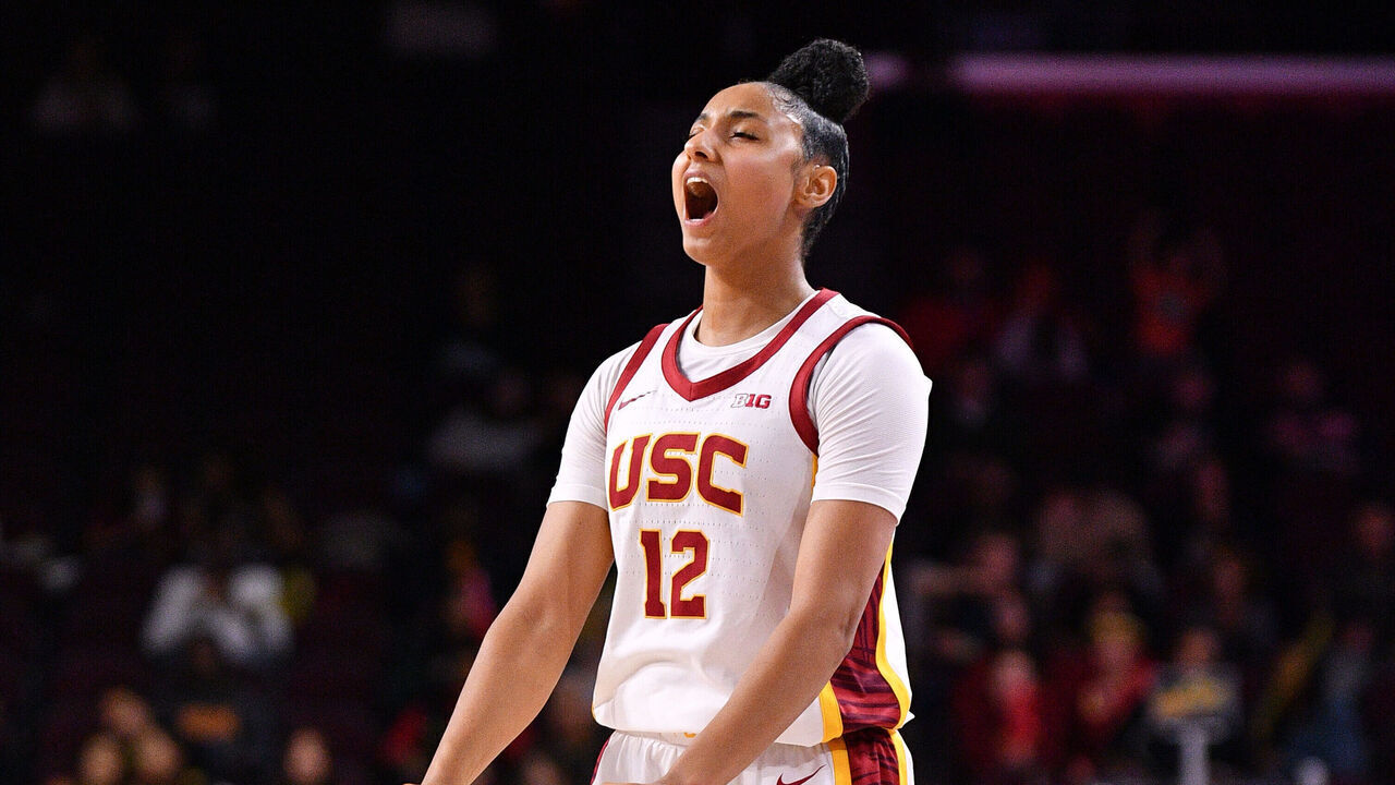 LOS ANGELES, CA - NOVEMBER 12: USC Trojans guard JuJu Watkins (12) celebrates during the women's college basketball game between the Cal State Northridge Matadors and the USC Trojans on November 12, 2024 at Galen Center in Los Angeles, CA.