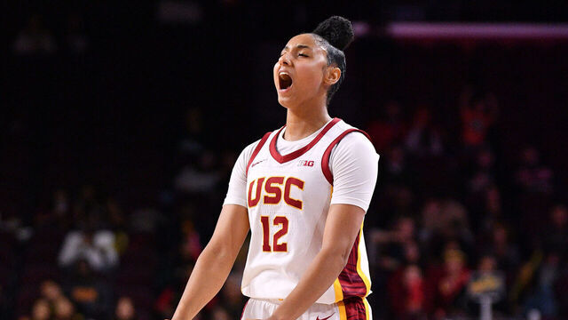 LOS ANGELES, CA - NOVEMBER 12: USC Trojans guard JuJu Watkins (12) celebrates during the women's college basketball game between the Cal State Northridge Matadors and the USC Trojans on November 12, 2024 at Galen Center in Los Angeles, CA.