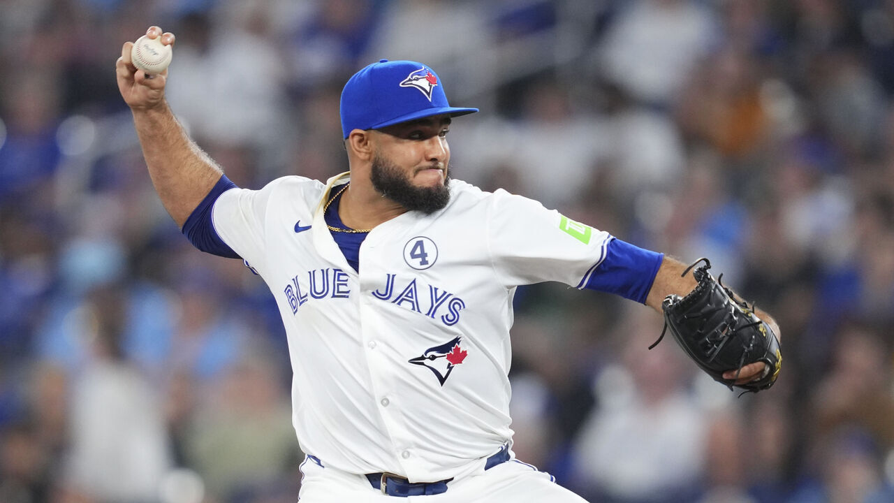 TORONTO, ON - JUNE 2: Yimi Garcia #93 of the Toronto Blue Jays pitches to the Pittsburgh Pirates during the ninth inning in their MLB game at the Rogers Centre on June 2, 2024 in Toronto, Ontario, Canada.