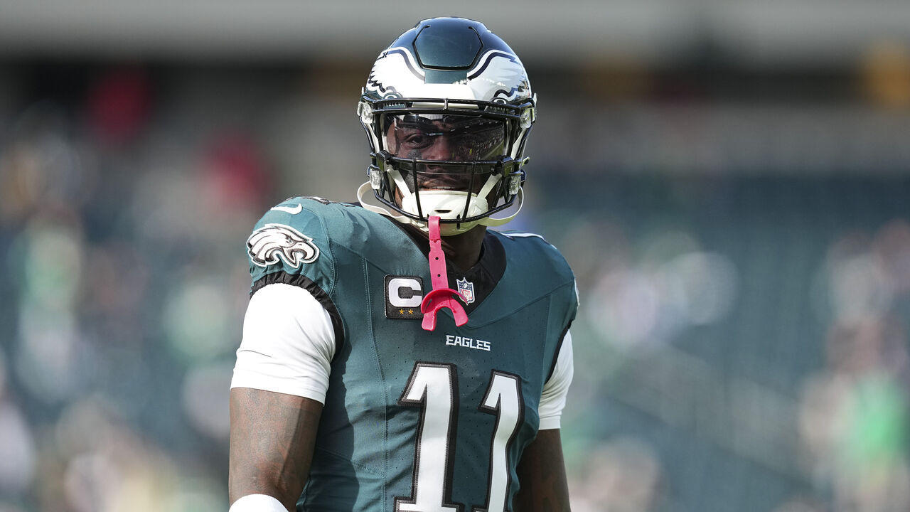 PHILADELPHIA, PENNSYLVANIA - DECEMBER 8: A.J. Brown #11 of the Philadelphia Eagles looks on prior to the game against the Carolina Panthers at Lincoln Financial Field on December 8, 2024 in Philadelphia, Pennsylvania.