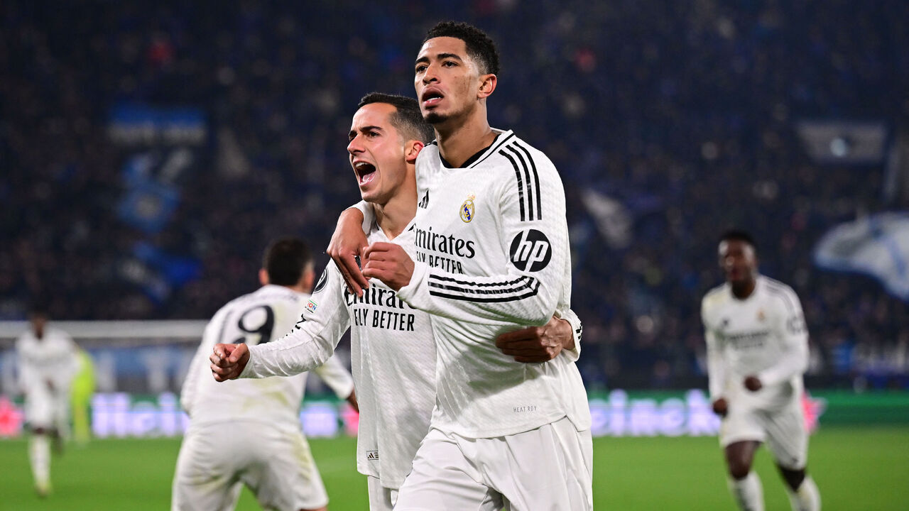 Real Madrid's English midfielder #05 Jude Bellingham celebrates scoring his team's third goal during the UEFA Champions League football match between Atalanta and Real Madrid at the Gewiss Stadium in Bergamo, on December 10, 2024.