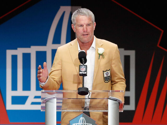 CANTON, OH - AUGUST 06: Brett Favre, former NFL quarterback, speaks during his 2016 Class Pro Football Hall of Fame induction speech during the NFL Hall of Fame Enshrinement Ceremony at the Tom Benson Hall of Fame Stadium on August 6, 2016 in Canton, Ohio.