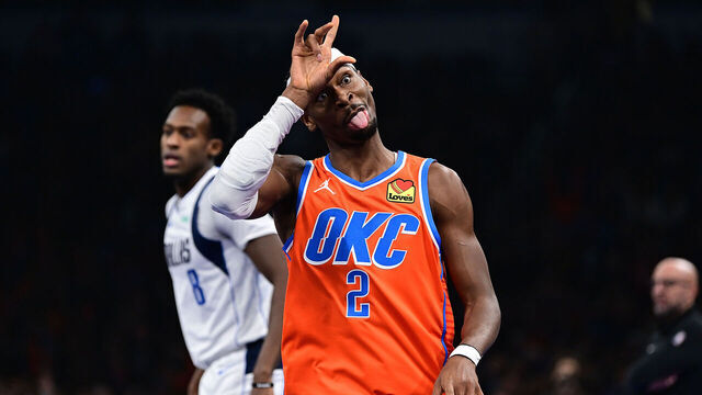 OKLAHOMA CITY, OKLAHOMA - DECEMBER 10: Shai Gilgeous-Alexander #2 of the Oklahoma City Thunder celebrates a made basket during the first half against the Dallas Mavericks at Paycom Center on December 10, 2024 in Oklahoma City, Oklahoma.