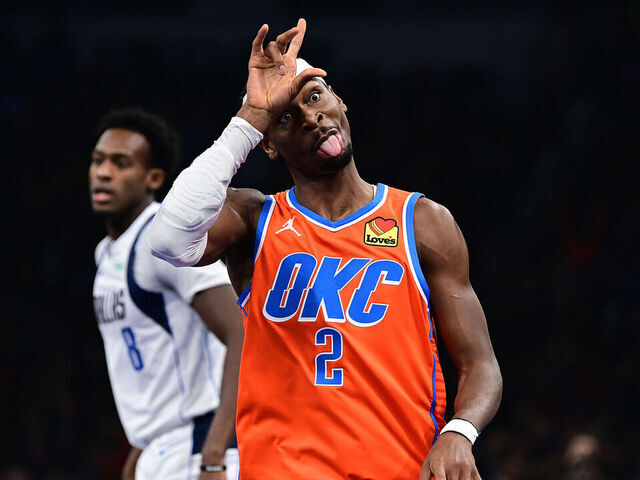 OKLAHOMA CITY, OKLAHOMA - DECEMBER 10: Shai Gilgeous-Alexander #2 of the Oklahoma City Thunder celebrates a made basket during the first half against the Dallas Mavericks at Paycom Center on December 10, 2024 in Oklahoma City, Oklahoma.