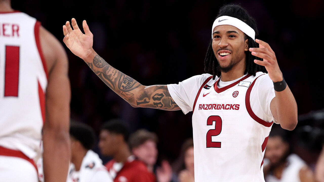 NEW YORK, NEW YORK - DECEMBER 10: Boogie Fland #2 of the Arkansas Razorbacks reacts after victory over the Michigan Wolverines in the Jimmy V Classic at Madison Square Garden on December 10, 2024 in New York City.