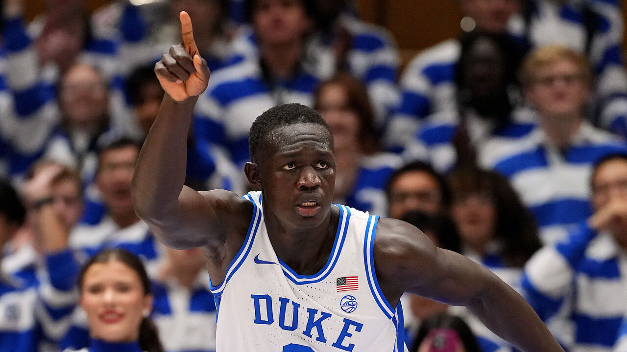 DURHAM, NORTH CAROLINA - DECEMBER 10: Khaman Maluach #9 of the Duke Blue Devils reacts after a dunk against the Incarnate Word Cardinals during the first half of the game at Cameron Indoor Stadium on December 10, 2024 in Durham, North Carolina.