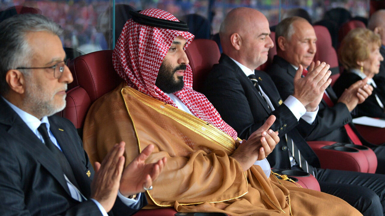 MOSCOW, RUSSIA - JUNE 14: Asian Football Confederation President Sheikh Salman bin Ibrahim al Khalifa, Saudi Arabia's Crown Prince Mohammed Bin Salman Al Saud, FIFA President Gianni Infantino, and Russia's President Vladimir Putin (L-R) during the opening ceremony prior to the 2018 FIFA World Cup Russia Group A match between Russia and Saudi Arabia at Luzhniki Stadium on June 14, 2018 in Moscow, Russia.