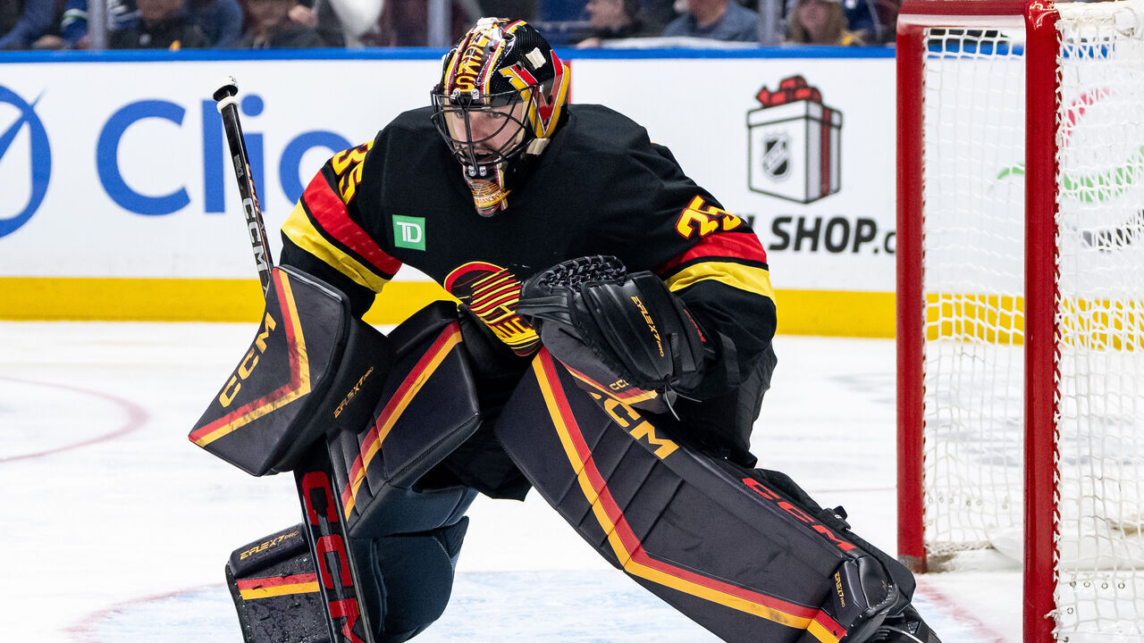 VANCOUVER, CANADA - DECEMBER 10: Thatcher Demko #35 of the Vancouver Canucks watches the play during the third period of their NHL game against the St. Louis Blues at Rogers Arena on December 10, 2024 in Vancouver, Canada.