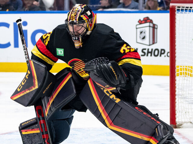 VANCOUVER, CANADA - DECEMBER 10: Thatcher Demko #35 of the Vancouver Canucks watches the play during the third period of their NHL game against the St. Louis Blues at Rogers Arena on December 10, 2024 in Vancouver, Canada.