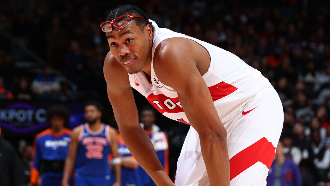TORONTO, CANADA - DECEMBER 9: Scottie Barnes #4 of the Toronto Raptors looks on during the game against the New York Knicks on December 9, 2024 at the Scotiabank Arena in Toronto, Ontario, Canada. Mandatory Copyright Notice: Copyright 2024 NBAE