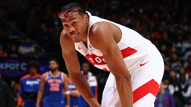 TORONTO, CANADA - DECEMBER 9: Scottie Barnes #4 of the Toronto Raptors looks on during the game against the New York Knicks on December 9, 2024 at the Scotiabank Arena in Toronto, Ontario, Canada. Mandatory Copyright Notice: Copyright 2024 NBAE