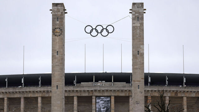 BERLIN, GERMANY - JANUARY 21: General view outside the stadium as a banner is displayed in memory of Kay Bernstein, President of Hertha Berlin prior to the Second Bundesliga match between Hertha BSC and Fortuna Düsseldorf at Olympiastadion on January 21, 2024 in Berlin, Germany.