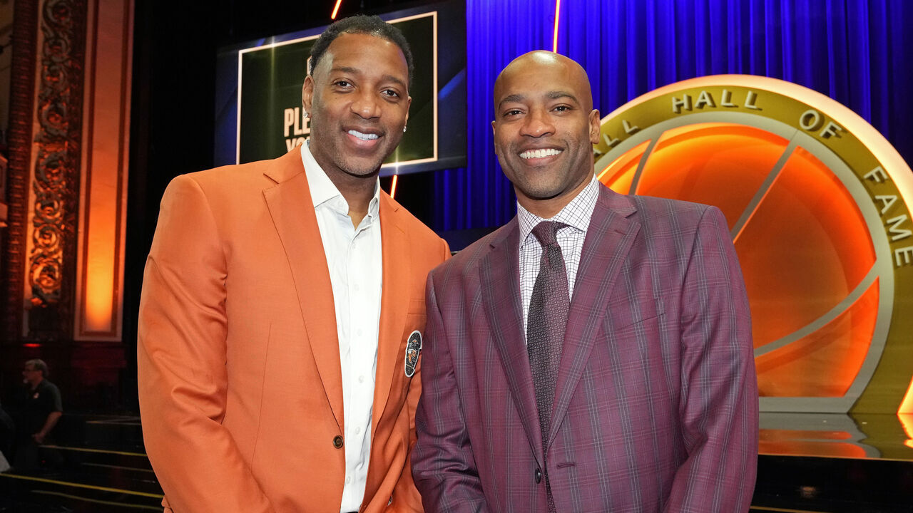 SPRINGFIELD,MA - OCTOBER 13: Tracy McGrady and Vince Carter pose for a photo during the 2024 Basketball Hall of Fame Enshrinement Ceremony on October 13, 2024 at Symphony Hall in Springfield, Massachusetts. NOTE TO USER: User expressly acknowledges and agrees that, by downloading and/or using this photograph, user is consenting to the terms and conditions of the Getty Images License Agreement. Mandatory Copyright Notice: Copyright 2024 NBAE