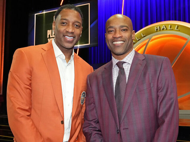 SPRINGFIELD,MA - OCTOBER 13: Tracy McGrady and Vince Carter pose for a photo during the 2024 Basketball Hall of Fame Enshrinement Ceremony on October 13, 2024 at Symphony Hall in Springfield, Massachusetts. NOTE TO USER: User expressly acknowledges and agrees that, by downloading and/or using this photograph, user is consenting to the terms and conditions of the Getty Images License Agreement. Mandatory Copyright Notice: Copyright 2024 NBAE