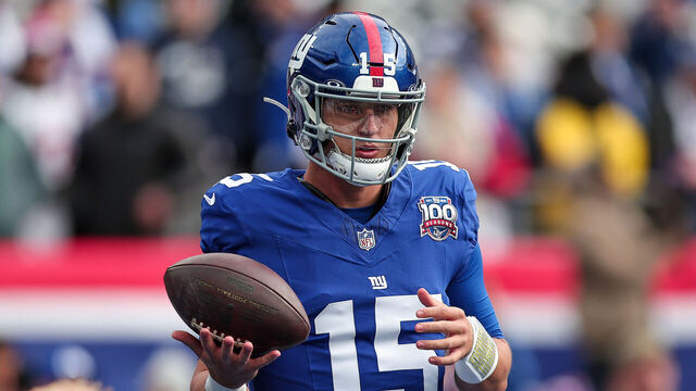 EAST RUTHERFORD, NEW JERSEY - NOVEMBER 24: Tommy DeVito #15 of the New York Giants warms up prior to the game against the Tampa Bay Buccaneers at MetLife Stadium on November 24, 2024 in East Rutherford, New Jersey.