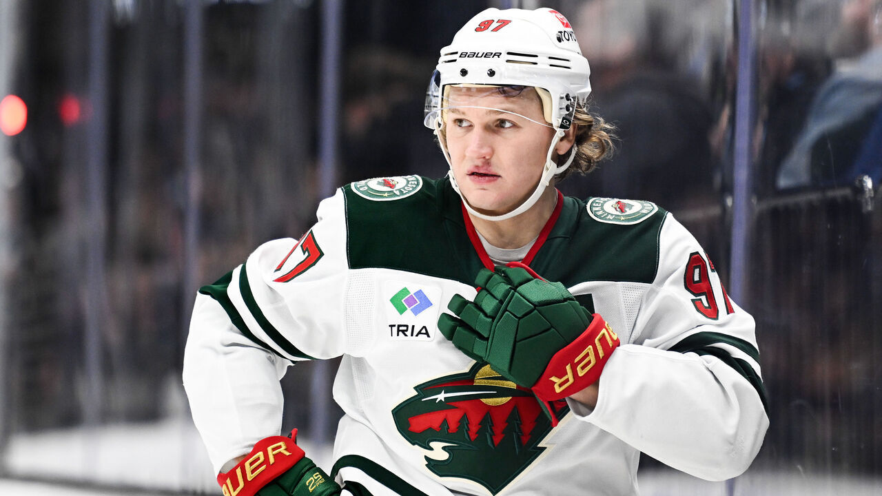 SALT LAKE CITY, UTAH - DECEMBER 10: Kirill Kaprizov #97 of the Minnesota Wild looks on during the first period of a game against the Utah Hockey Club at Delta Center on December 10, 2024 in Salt Lake City, Utah.