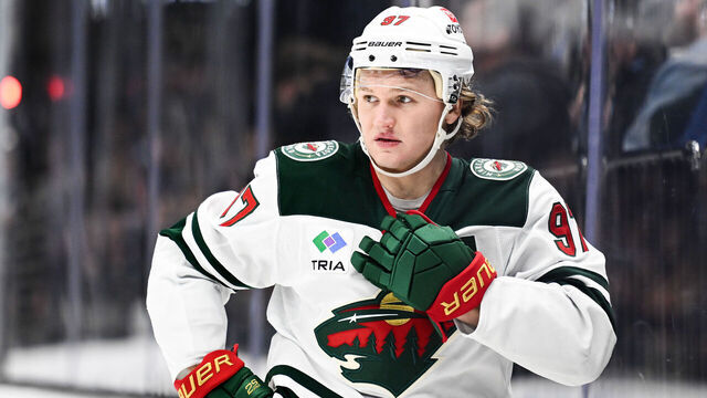 SALT LAKE CITY, UTAH - DECEMBER 10: Kirill Kaprizov #97 of the Minnesota Wild looks on during the first period of a game against the Utah Hockey Club at Delta Center on December 10, 2024 in Salt Lake City, Utah.