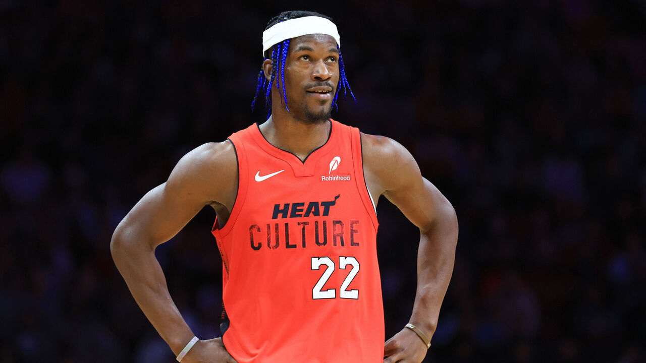 MIAMI, FLORIDA - DECEMBER 08: Jimmy Butler #22 of the Miami Heat looks on against the Cleveland Cavaliers during the fourth quarter of the game at Kaseya Center on December 08, 2024 in Miami, Florida.