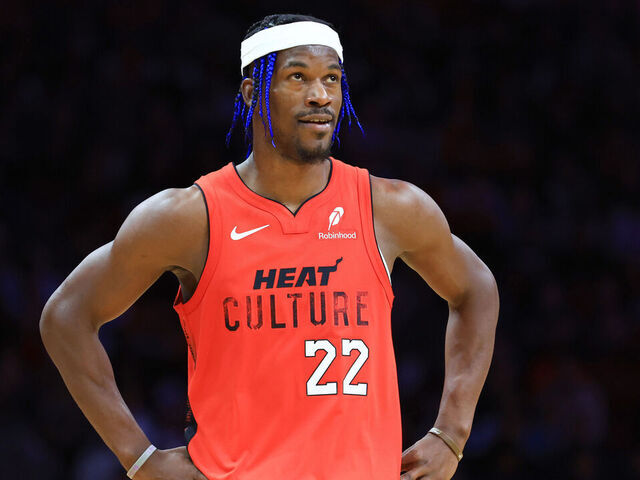 MIAMI, FLORIDA - DECEMBER 08: Jimmy Butler #22 of the Miami Heat looks on against the Cleveland Cavaliers during the fourth quarter of the game at Kaseya Center on December 08, 2024 in Miami, Florida.