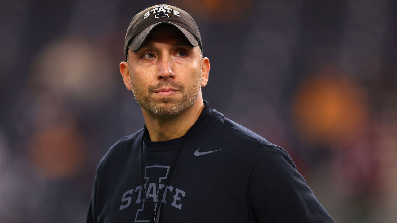 ARLINGTON, TEXAS - DECEMBER 07: Head coach Matt Campbell of the Iowa State Cyclones looks on before the Big 12 Championship game against the Arizona State Sun Devils at AT&T Stadium on December 07, 2024 in Arlington, Texas.