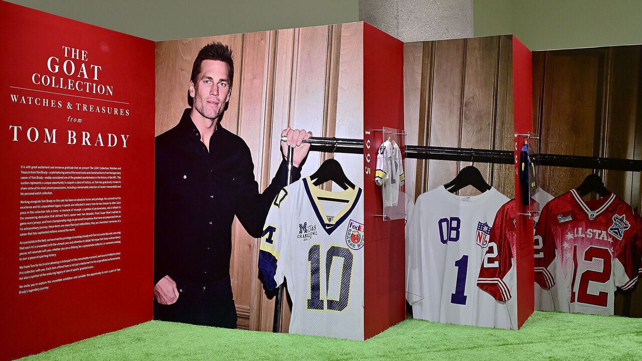 NEW YORK, NEW YORK - DECEMBER 05: Tom Brady's football memorabilia on preview at Sotheby's on December 05, 2024 in New York City.